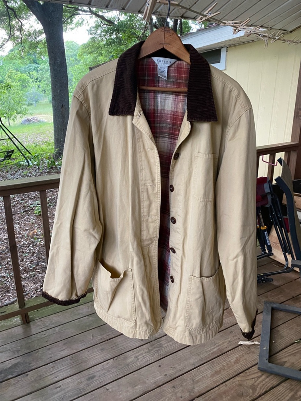 Cotton Van Heusen Chore Coat w/Dark Brown Corduroy Collar & Plaid Fleece Lining